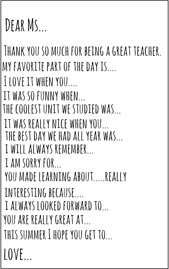 thank you note to teacher end of year from parent